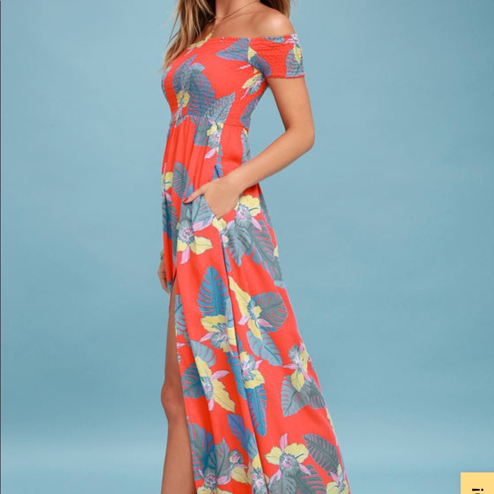 Lulu’s Coral Floral Print Off-the-Shoulder Dress
